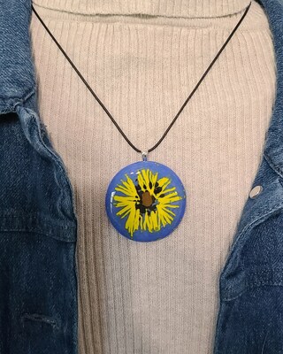 Abstract Sunflower Fused Glass Necklace with Sterling Silver Bail and Adjustable Length Leather Cord - image3